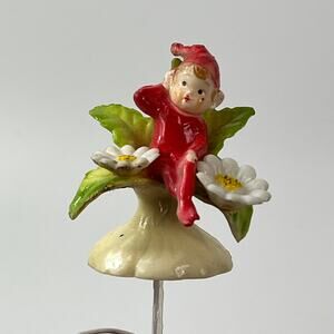Vintage Elf Pixie on Flower Pick Figurine Red Suit Daisies ~2.25" Floral Insert